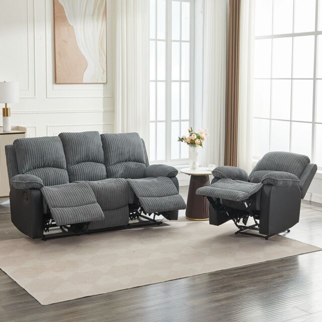 FURNITURE ONE Manual Reclining Sofa Set, Corduroy Fabric Sofa Suite - 1+3 Sofa Set in Grey - Size: 1 Pack - image 1