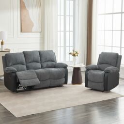 FURNITURE ONE Manual Reclining Sofa Set, Corduroy Fabric Sofa Suite - 1+3 Sofa Set in Grey - Size: 1 Pack - thumbnail 3