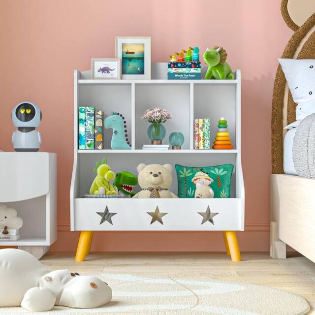 Huhote Wood Kids Bookcase with 3 Compartments Toy Storage Bookshelf Kids Room in White - image 1