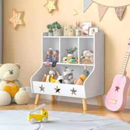 Huhote Wood Kids Bookcase with 3 Compartments Toy Storage Bookshelf Kids Room in White - thumbnail 3