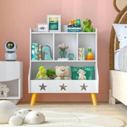 Huhote Wood Kids Bookcase with 3 Compartments Toy Storage Bookshelf Kids Room in White - thumbnail 1