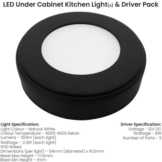 Loops 2x MATT BLACK Round Surface or Flush Under Cabinet Kitchen Light & Driver Kit - Natural White LED - image 1