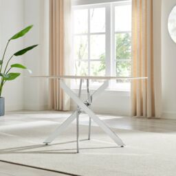 FurnitureboxUK Leonardo 4-Seater Dining Table With Marble Effect Glass Top & Silver Metal Legs in White - thumbnail 3
