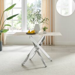 FurnitureboxUK Leonardo 4-Seater Dining Table With Marble Effect Glass Top & Silver Metal Legs in White