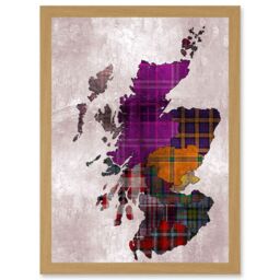 Artery8 Tartan Map Of Scotland A4 Artwork Framed Wall Art Print in Light Oak - thumbnail 1