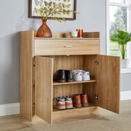 Home Source Shoe Storage Cabinet Cupboard 2 Door Hallway Organiser Compact in Brown - thumbnail 2