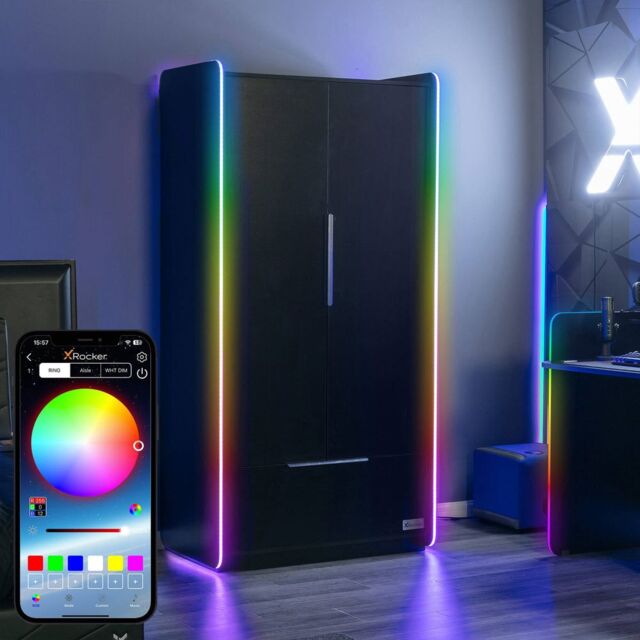 X Rocker Electra 2 Door Wardrobe with 2 Doors 1 Drawer Shelf & LED Lights in Black - image 1