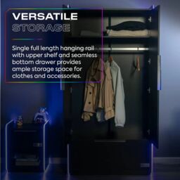 X Rocker Electra 2 Door Wardrobe with 2 Doors 1 Drawer Shelf & LED Lights in Black - thumbnail 4