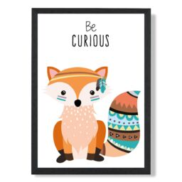 ARTZE Be Curious Fox Tribal Animal Quote Framed Print SIZE: A2 with Black Frame in Orange - Size: A4