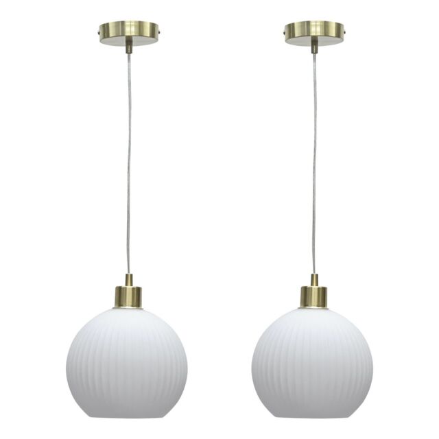 First Choice Lighting Set of 2 Betchley - White Ribbed Glass Globe with Satin Brass Pendants - image 1