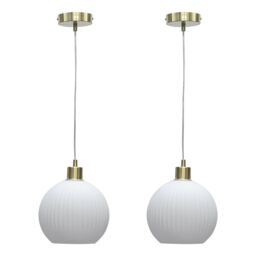 First Choice Lighting Set of 2 Betchley - White Ribbed Glass Globe with Satin Brass Pendants