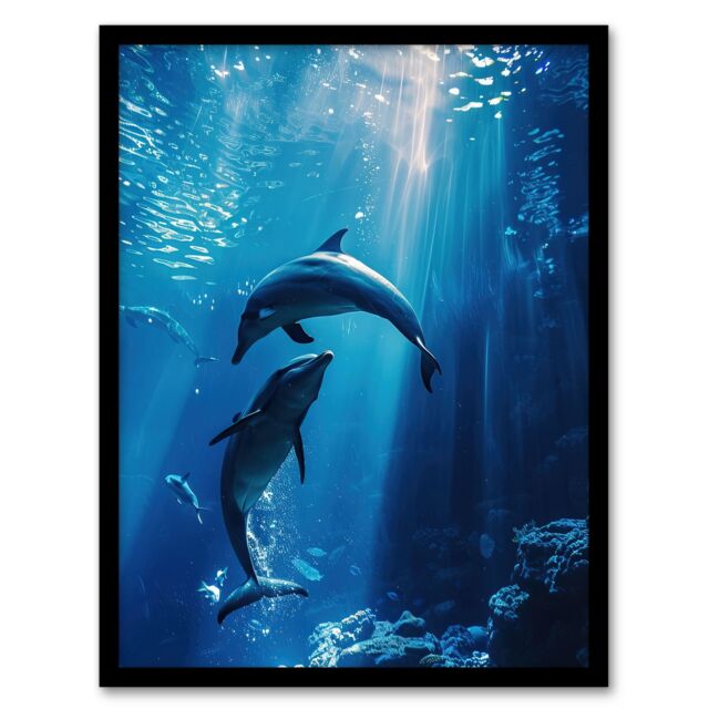 Artery8 Majestic Dolphins Marine Life Underwater Seascape Framed Art Print in Blue - Size: A4 - image 1