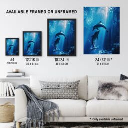 Artery8 Majestic Dolphins Marine Life Underwater Seascape Framed Art Print in Blue - Size: A4 - thumbnail 3