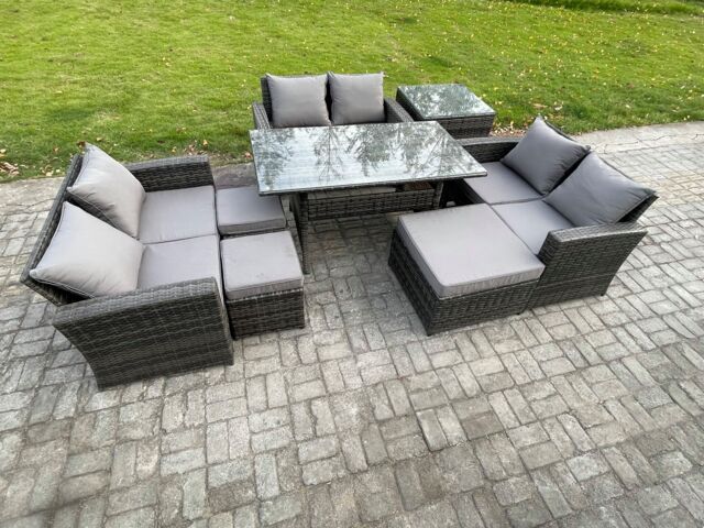 Fimous Wicker Rattan Garden Furniture Sets Outdoor Lounge Sofa Set with Oblong Dining Table Double Seat Sofa Dark Grey Mixed - image 1