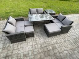 Fimous Wicker Rattan Garden Furniture Sets Outdoor Lounge Sofa Set with Oblong Dining Table Double Seat Sofa Dark Grey Mixed - thumbnail 1