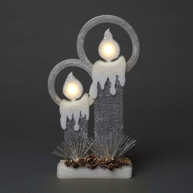 Shatchi 31Cm Christmas Pre Lit Twin Candles Battery Operated Glitter Foam Snow Covered Finish Table Decoration Grey - image 1