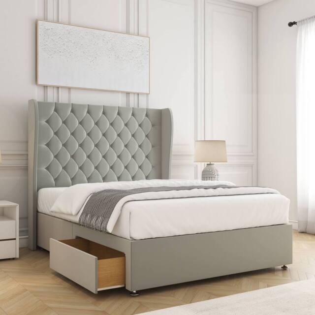 "BSSPOKE Amelia Divan Bed Set Plush Velvet 2Drawers & 54""Headboard No Mattress in Silver - Size: King" - image 1