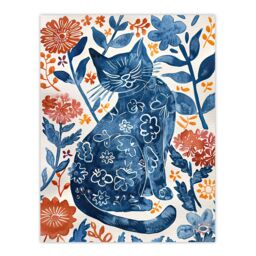 "Artery8 Cat Lover Blue Red Floral Japanese Style Pattern Wall Art Print - Size: W24"" x H32""" - thumbnail 1