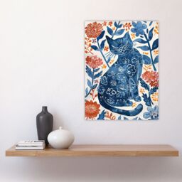 "Artery8 Cat Lover Blue Red Floral Japanese Style Pattern Wall Art Print - Size: W24"" x H32""" - thumbnail 4