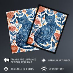 "Artery8 Cat Lover Blue Red Floral Japanese Style Pattern Wall Art Print - Size: W24"" x H32""" - thumbnail 2