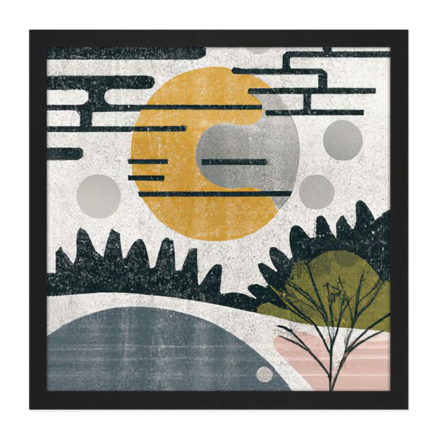 "Artery8 Wall Art Print Abstract Landscape Grunge Boho Sunrise Vintage Square Framed Picture 16X16 Inch in Black - Size: W16"" x H16""" - image 1