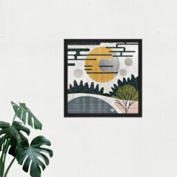 "Artery8 Wall Art Print Abstract Landscape Grunge Boho Sunrise Vintage Square Framed Picture 16X16 Inch in Black - Size: W16"" x H16""" - thumbnail 2