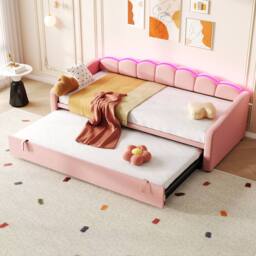 Merax Velvet 3ft Petal Shape Single Daybed with LED & Pull Out Trundle in Pink