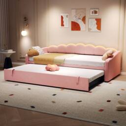 Merax Velvet 3ft Petal Shape Single Daybed with LED & Pull Out Trundle in Pink - thumbnail 4