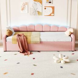 Merax Velvet 3ft Petal Shape Single Daybed with LED & Pull Out Trundle in Pink - thumbnail 5