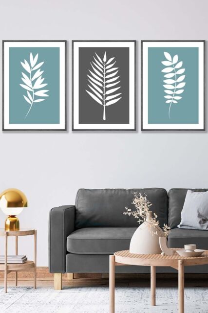 ARTZE Set of 3 Dark Grey Framed Blue Grey Graphical Leaves Wall Art in Duck Egg Blue - Size: W33 cm x H45 cm x D20mm - image 1