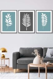 ARTZE Set of 3 Dark Grey Framed Blue Grey Graphical Leaves Wall Art in Duck Egg Blue - Size: W33 cm x H45 cm x D20mm - thumbnail 1