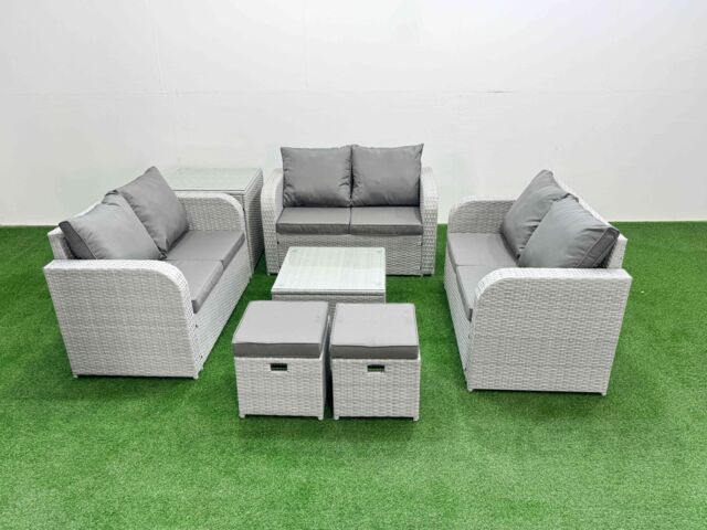 Fimous 8 Seater PE Wicker Rattan Furniture Sofa Sets with Square Coffee Table 2 Seater Love Sofa 2 Stool Side Table Light Grey - image 1