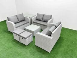 Fimous 8 Seater PE Wicker Rattan Furniture Sofa Sets with Square Coffee Table 2 Seater Love Sofa 2 Stool Side Table Light Grey - thumbnail 2