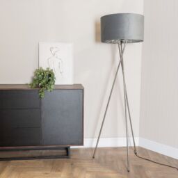 ValueLights Camden Chrome Tripod Floor Lamp & Grey Velvet & Chrome Lamp Shade - thumbnail 3