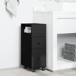 Berkfield Home Narrow Bathroom Cabinet with Wheels Black Engineered Wood - thumbnail 3