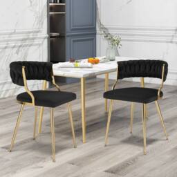 Costway 2PCS Dining Chairs Upholstered Armless Velvet Accent Chair Woven Back in Black - thumbnail 3