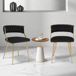 Costway 2PCS Dining Chairs Upholstered Armless Velvet Accent Chair Woven Back in Black - thumbnail 2