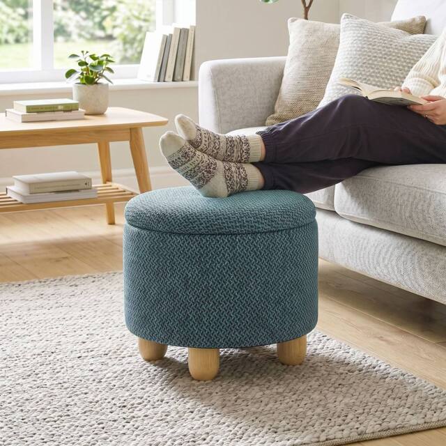 HOMCOM Round Storage Ottoman with Reversible Lid, Dark Blue - image 1