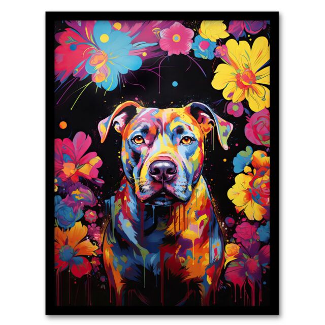 Artery8 Wall Art Print Staffordshire Bull Terrier Dog Lover Gift Pet Portrait Vibrant Blue Orange Purple Artwork Painting Art Framed - image 1
