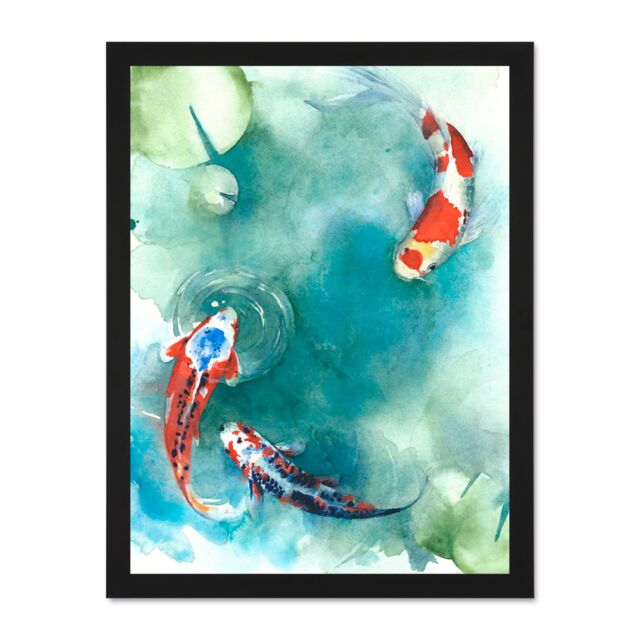 "Artery8 Wall Art Print Japan Koi Fish With Lilies Large Large Framed Wall Décor Art in Black - Size: W18"" x H24""" - image 1
