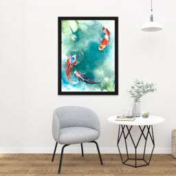 "Artery8 Wall Art Print Japan Koi Fish With Lilies Large Large Framed Wall Décor Art in Black - Size: W18"" x H24""" - thumbnail 2