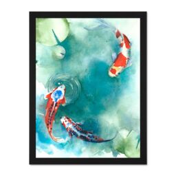 "Artery8 Wall Art Print Japan Koi Fish With Lilies Large Large Framed Wall Décor Art in Black - Size: W18"" x H24""" - thumbnail 1