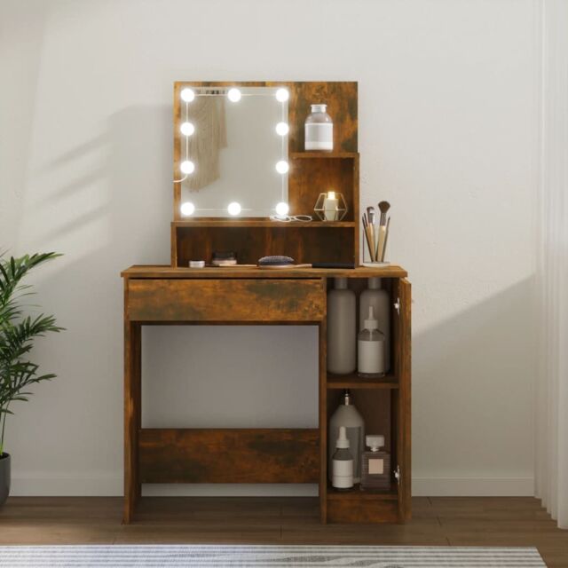 Berkfield Home Dressing Table with LED Smoked Oak 86.5x35x136 cm in Brown - image 1