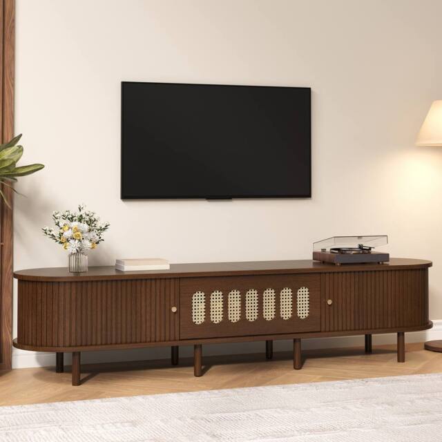 ModernLuxe Modern TV cabinet with rattan design & roll-up doors in Walnut - image 1