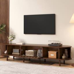 ModernLuxe Modern TV cabinet with rattan design & roll-up doors in Walnut - thumbnail 2