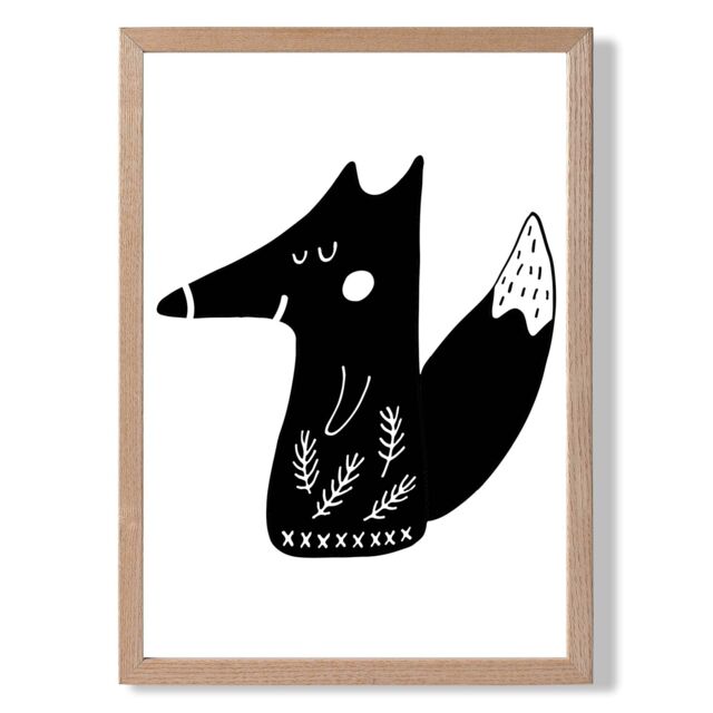 ARTZE Cute Black Fox Scandi Animal Framed Print SIZE: A3 with Oak Frame - Size: A4 - image 1