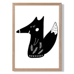 ARTZE Cute Black Fox Scandi Animal Framed Print SIZE: A3 with Oak Frame - Size: A4