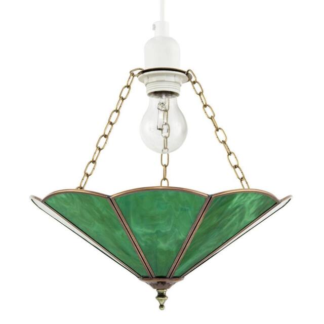 Happy Homewares Classic Coloured Tiffany Glass Easy Fit Pendant Shade with Brass Trims in Green - Size: 14 inches - image 1