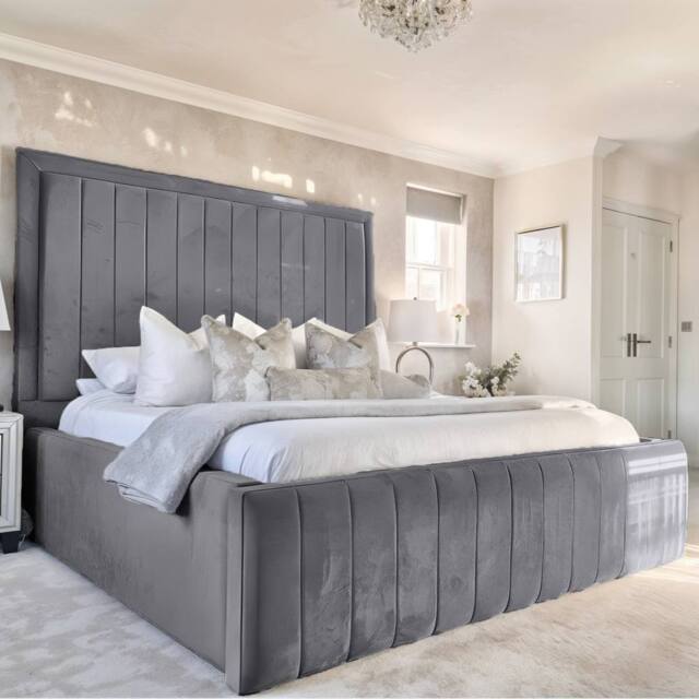 "UK Bed Furniture Geneva Upholstered Bed Frame with 54"" Headboard - Slatted Base in Grey - Size: Small Double" - image 1