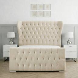 Living Comfort Bedz Velvetine Plush Velvet Upholstered Bed Slatted Base - 48Inch Headboard in Cream - Size: Single - thumbnail 2